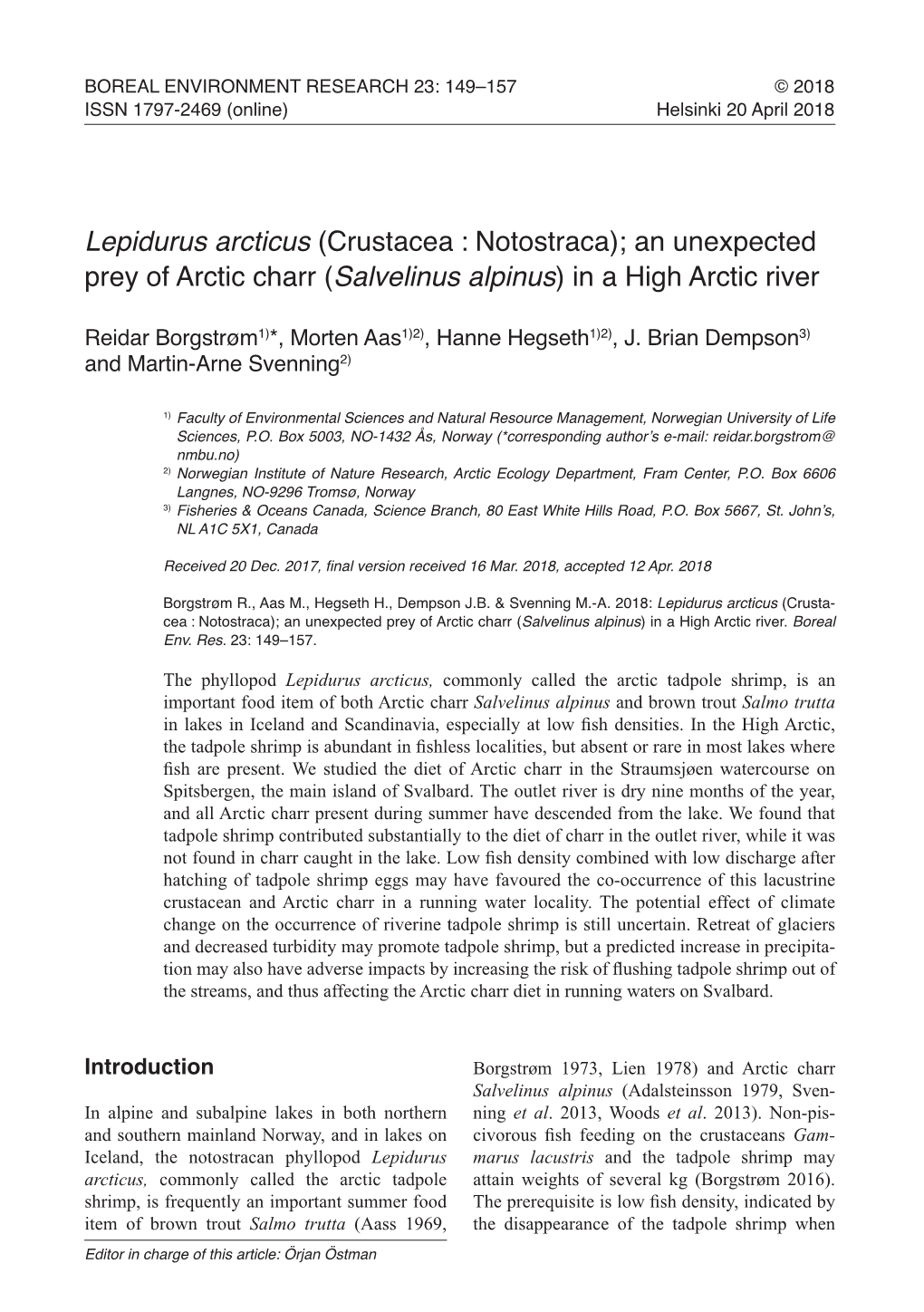 Lepidurus Arcticus (Crustacea : Notostraca); an Unexpected Prey of Arctic Charr (Salvelinus Alpinus) in a High Arctic River