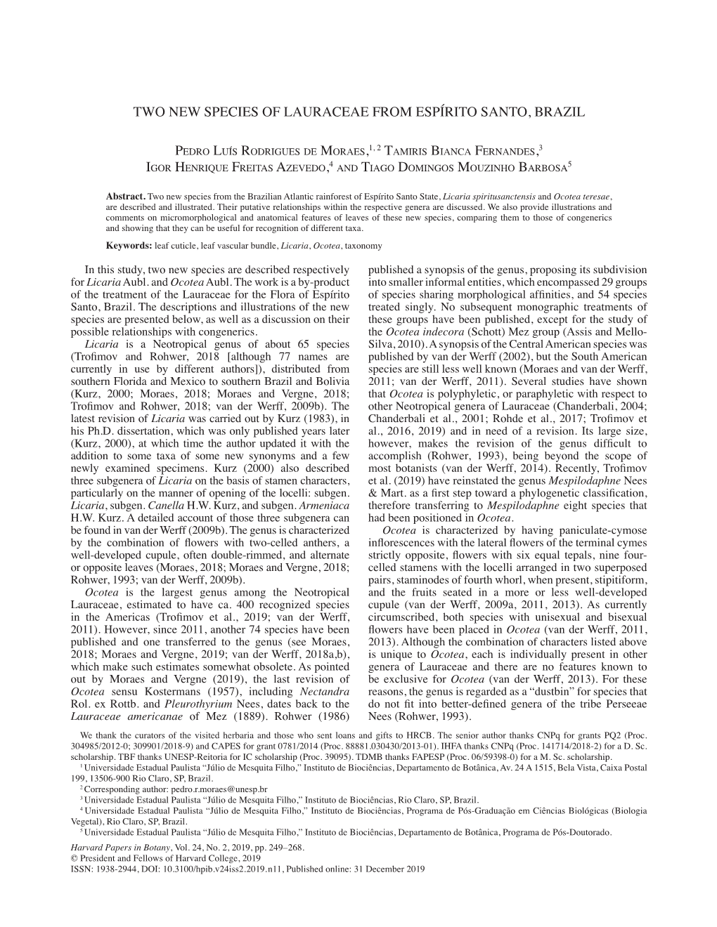 Two New Species of Lauraceae from Espírito Santo, Brazil