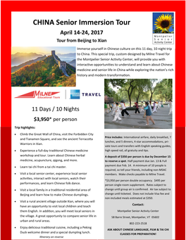 CHINA Senior Immersion Tour April 14-24, 2017 Tour from Beijing to Xian