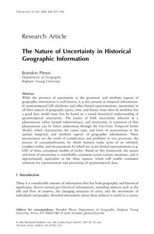 Research Article the Nature of Uncertainty in Historical