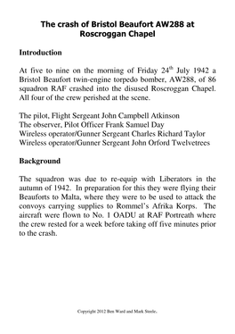 The Crash of Bristol Beaufort AW288 at Roscroggan Chapel Introduction