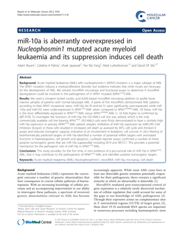 Mir-10A Is Aberrantly Overexpressed in Nucleophosmin1 Mutated Acute Myeloid Leukaemia and Its Suppression Induces Cell Death