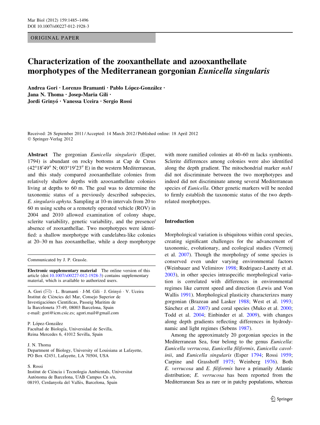 Characterization of the Zooxanthellate and Azooxanthellate Morphotypes of the Mediterranean Gorgonian Eunicella Singularis