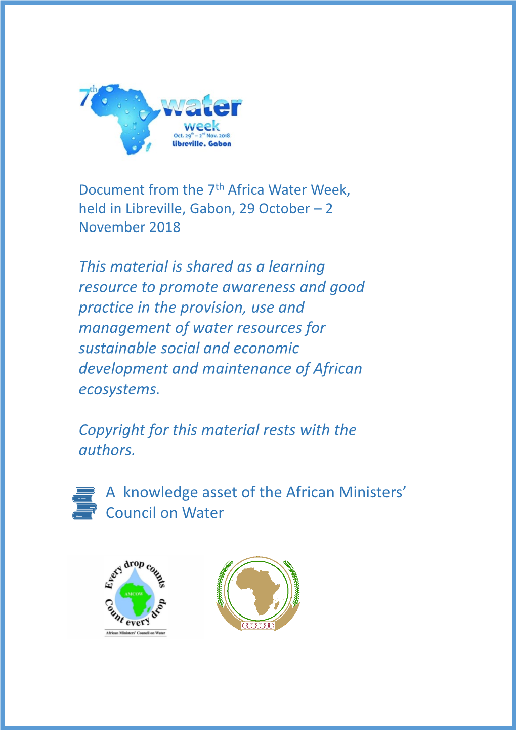 Country Focus Day Report , Africa Water Week 7, 31 October 2018