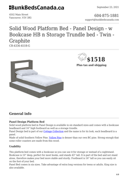 Solid Wood Platform Bed - Panel Design - W Bookcase HB N Storage Trundle Bed - Twin - Graphite CR-4336-4118-G