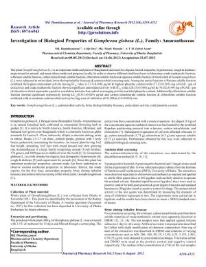 Investigation of Biological Properties of Gomphrena Globosa (L.), Family: Amaranthaceae
