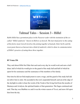 Talmud Tales – Session 3 - Hillel
