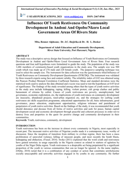 Influence of Youth Restiveness on Community Development in Andoni and Opobo/Nkoro Local Government Areas of Rivers State
