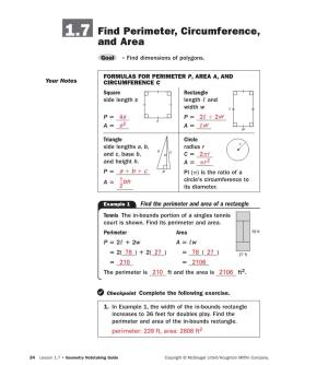 1.7 Find Perimeter, Circumference, and Area