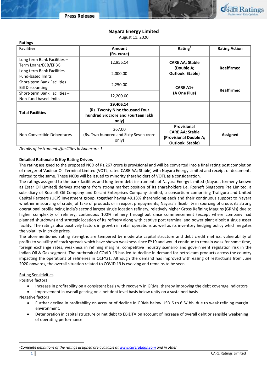 Press Release Nayara Energy Limited