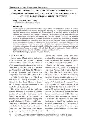 STATUS and SOCIAL ORGANIZATION of HATINH LANGUR (Trachypithecus Hatinhensis Dao, 1970) in DONG HOA and THACH HOA COMMUNES FOREST, QUANG BINH PROVINCE