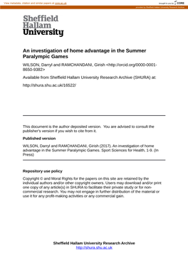 An Investigation of Home Advantage in the Summer Paralympic Games