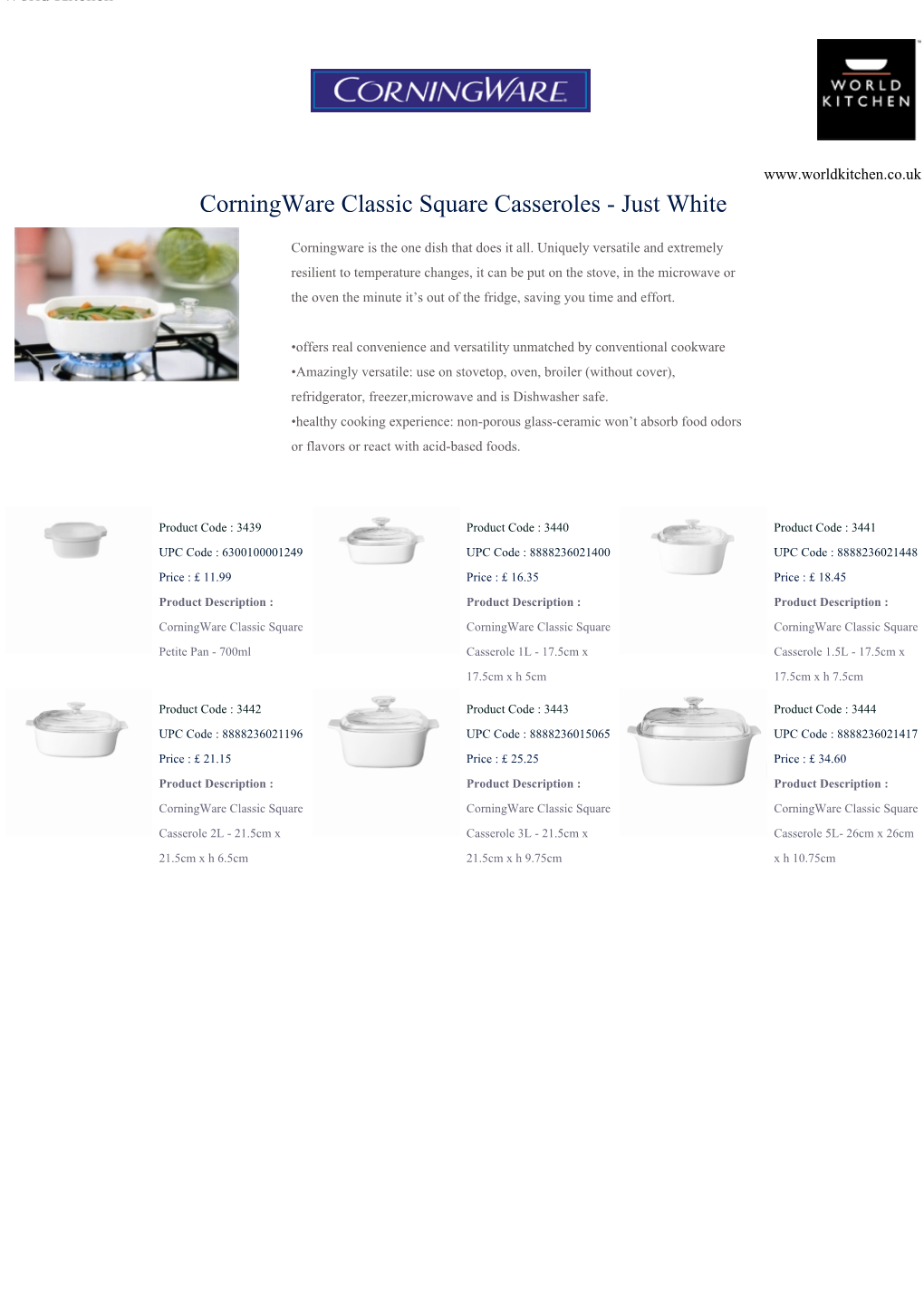 Corningware Classic Square Casseroles - Just White