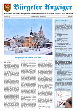 Bürgeler Anzeiger Amtsblatt Der Stadt Bürgel Und Der Gemeinden Graitschen, Poxdorf Und Nausnitz