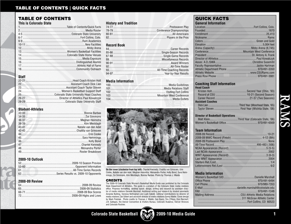 1 2009-10 Media Guide Colorado State Basketball Quick Facts Table