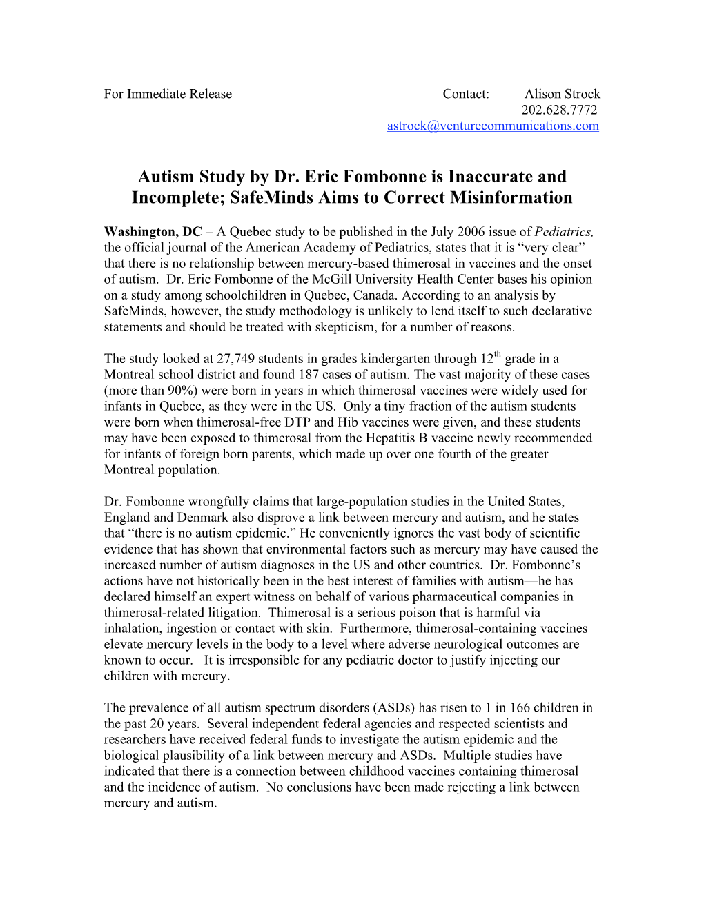 Autism Study by Dr. Eric Fombonne Is Inaccurate and Incomplete; Safeminds Aims to Correct Misinformation