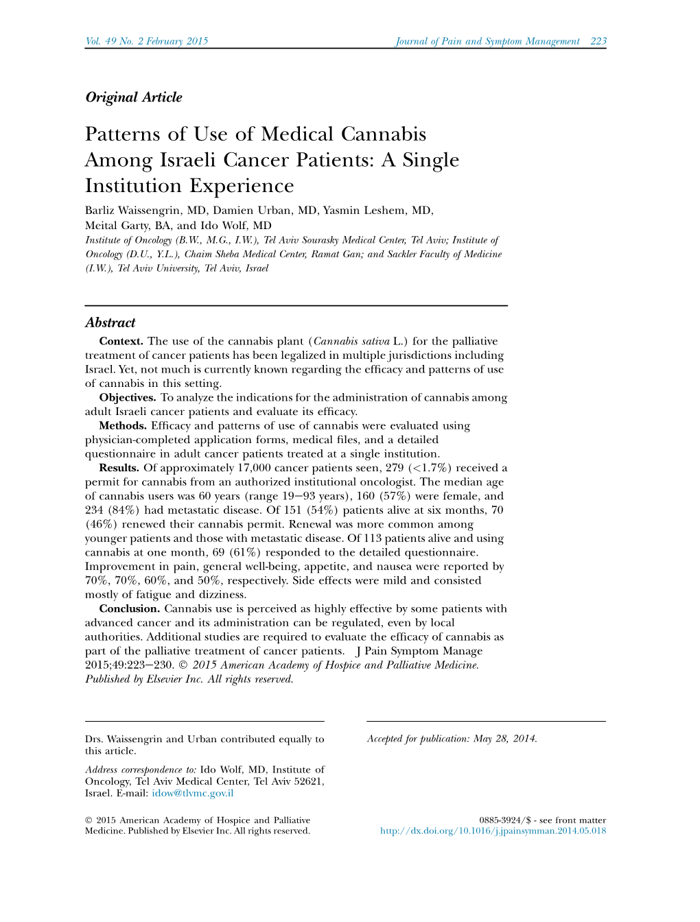 Patterns of Use of Medical Cannabis Among Israeli