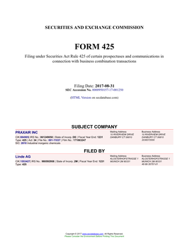 PRAXAIR INC Form 425 Filed 2017-08-31