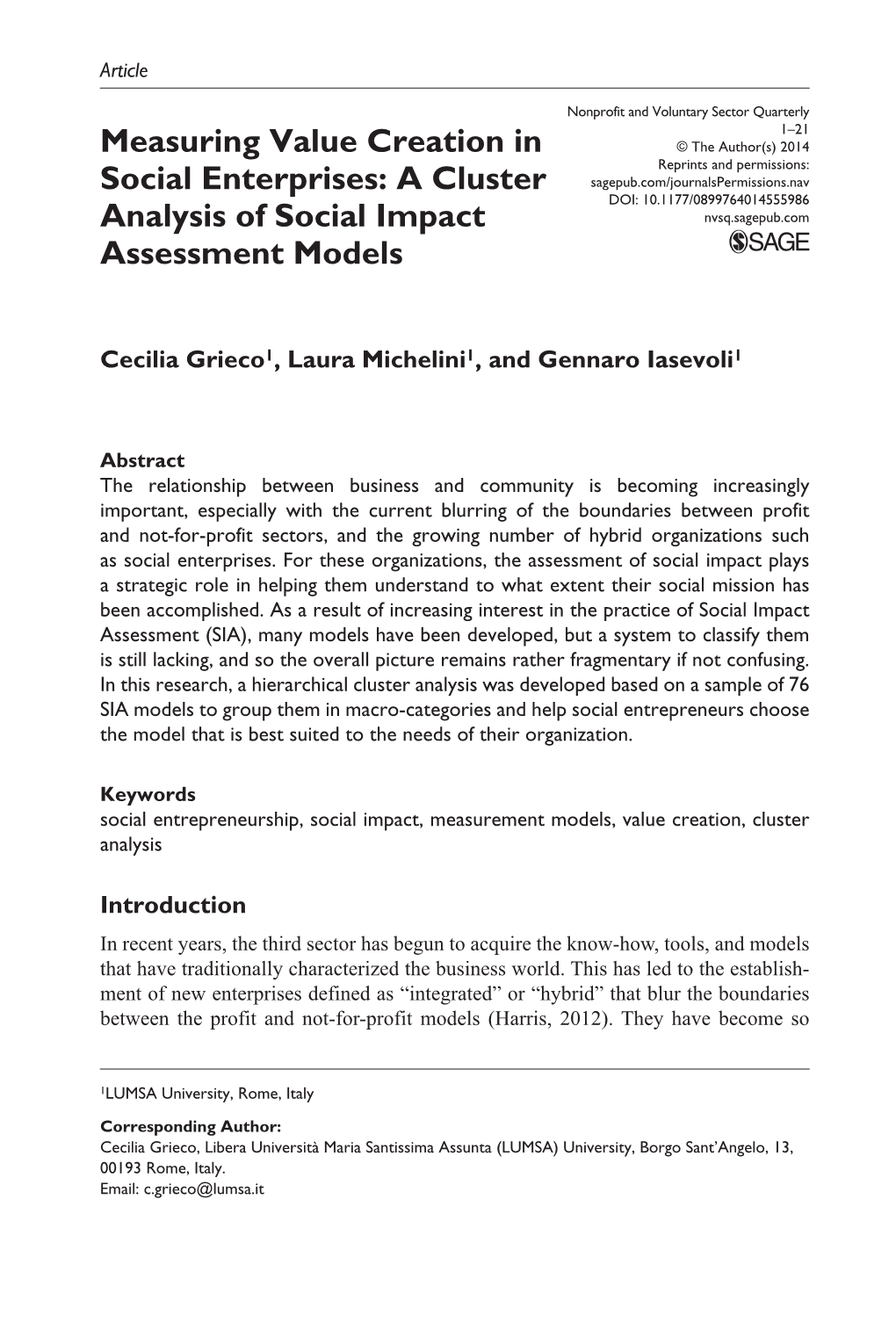 Measuring Value Creation in Social Enterprises: a Cluster Analysis Of