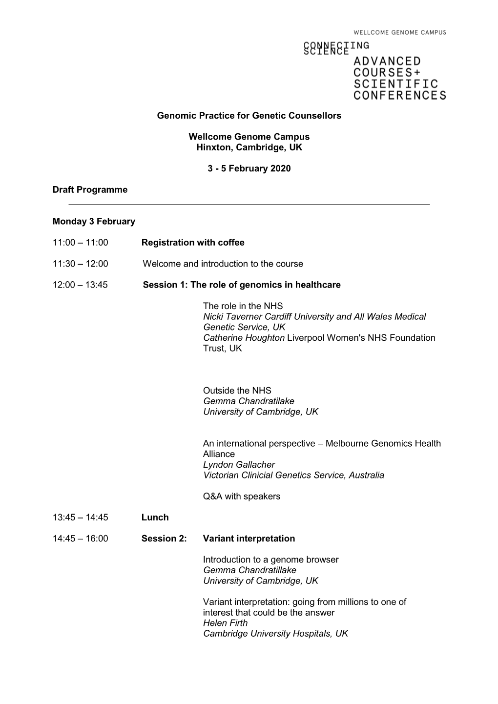 5 February 2020 Draft Programme