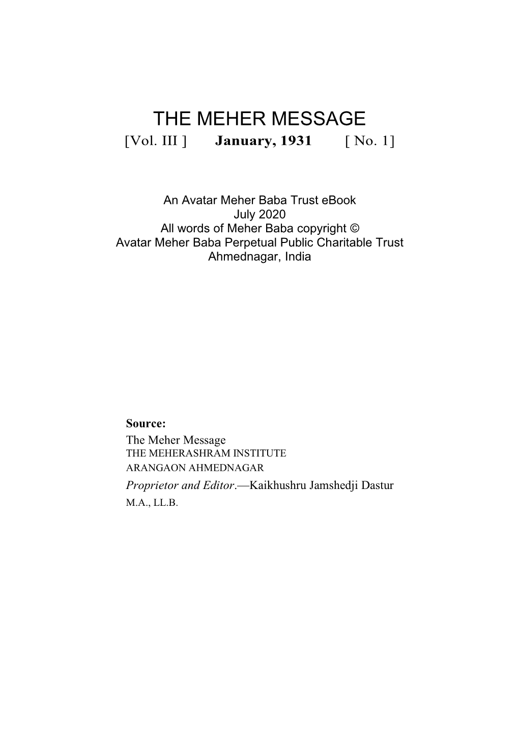 THE MEHER MESSAGE [Vol