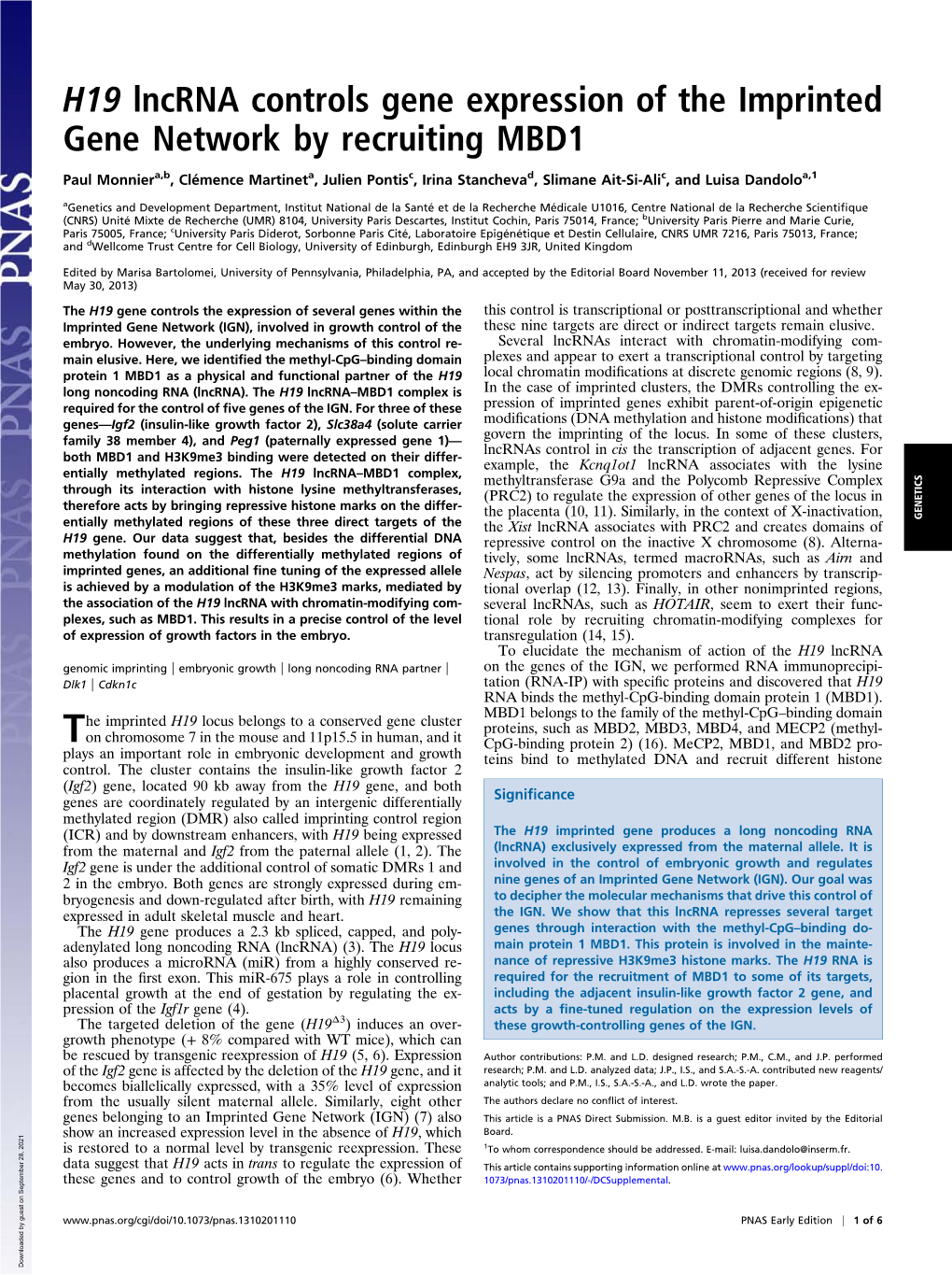 H19 Lncrna Controls Gene Expression of the Imprinted Gene Network by Recruiting MBD1