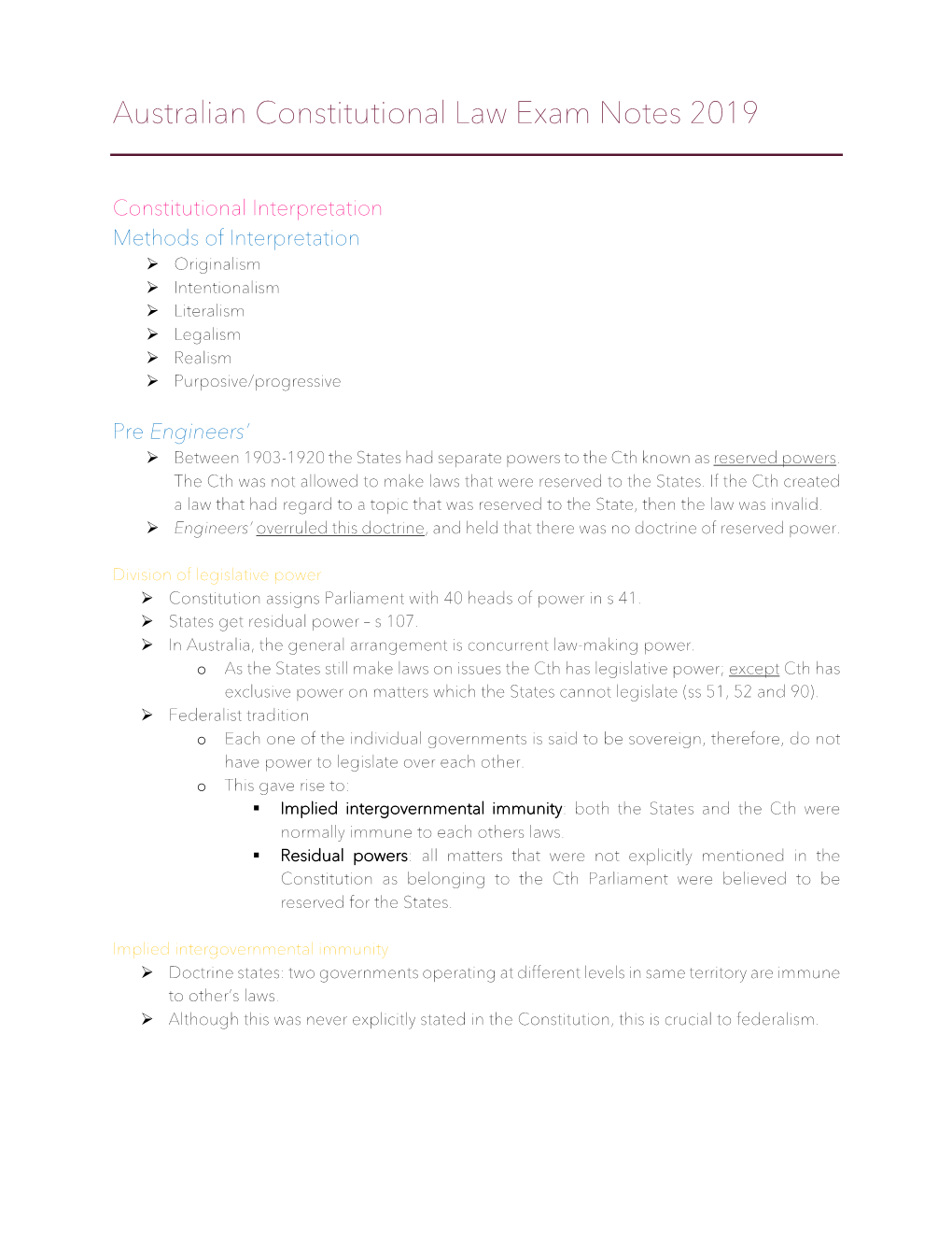 Australian Constitutional Law Exam Notes 2019