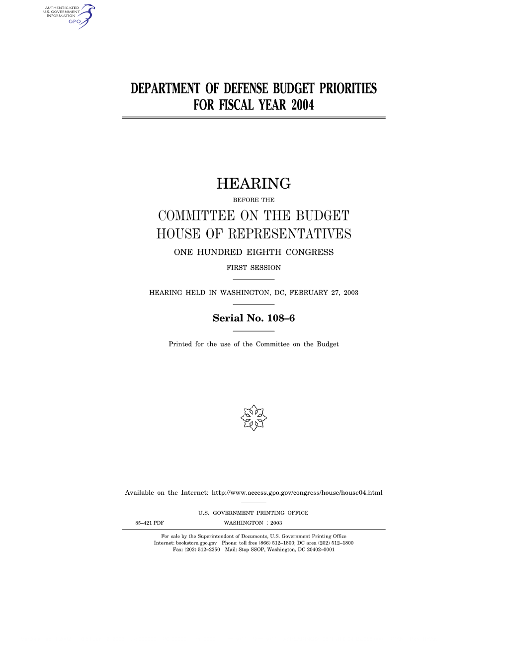 Department of Defense Budget Priorities for Fiscal Year 2004 Hearing