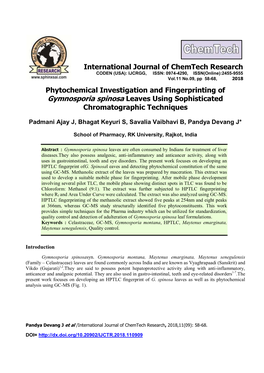 Phytochemical Investigation and Fingerprinting of Gymnosporia Spinosa Leaves Using Sophisticated Chromatographic Techniques