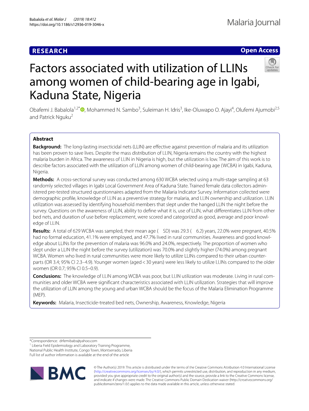 Factors Associated with Utilization of Llins Among Women of Child‑Bearing Age in Igabi, Kaduna State, Nigeria Obafemi J