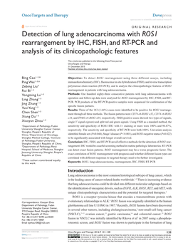Detection of Lung Adenocarcinoma with ROS1 Rearrangement by IHC, FISH, and RT-PCR and Analysis of Its Clinicopathologic Features