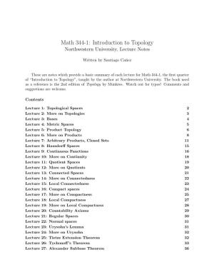 Math 344-1: Introduction to Topology Northwestern University, Lecture Notes