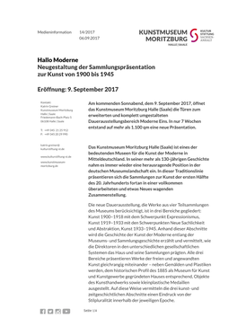Hallo Moderne Neugestaltung Der Sammlungspräsentation Zur Kunst Von 1900 Bis 1945 Eröffnung: 9. September 2017