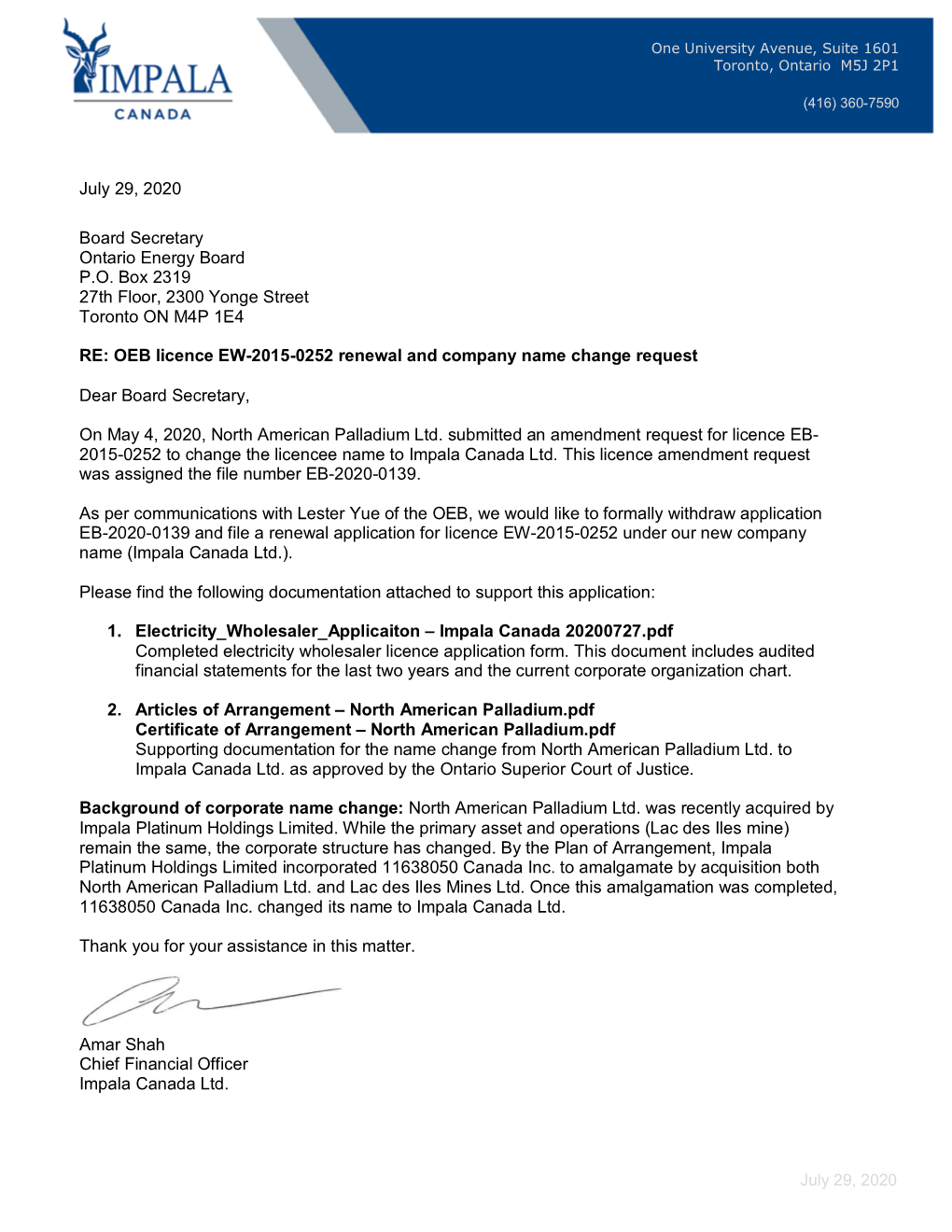 OEB Licence EW-2015-0252 Renewal and Company Name Change Request