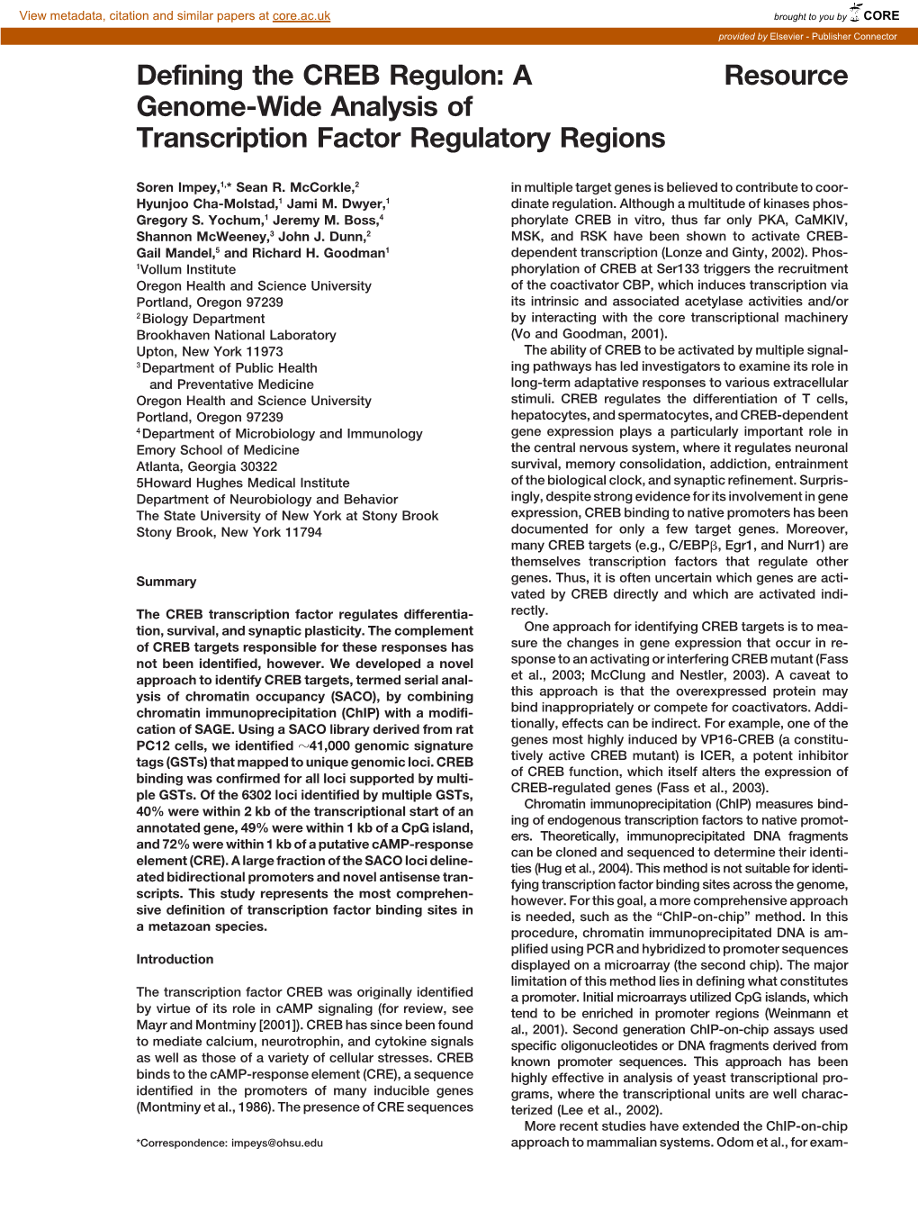 Resource Defining the CREB Regulon: a Genome-Wide Analysis Of