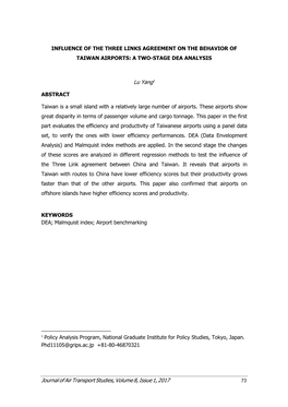 Journal of Air Transport Studies, Volume 8, Issue 1, 2017 Lu Yang1