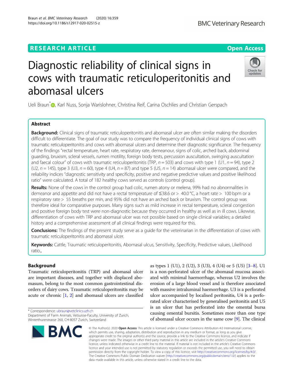 Diagnostic Reliability of Clinical Signs in Cows with Traumatic