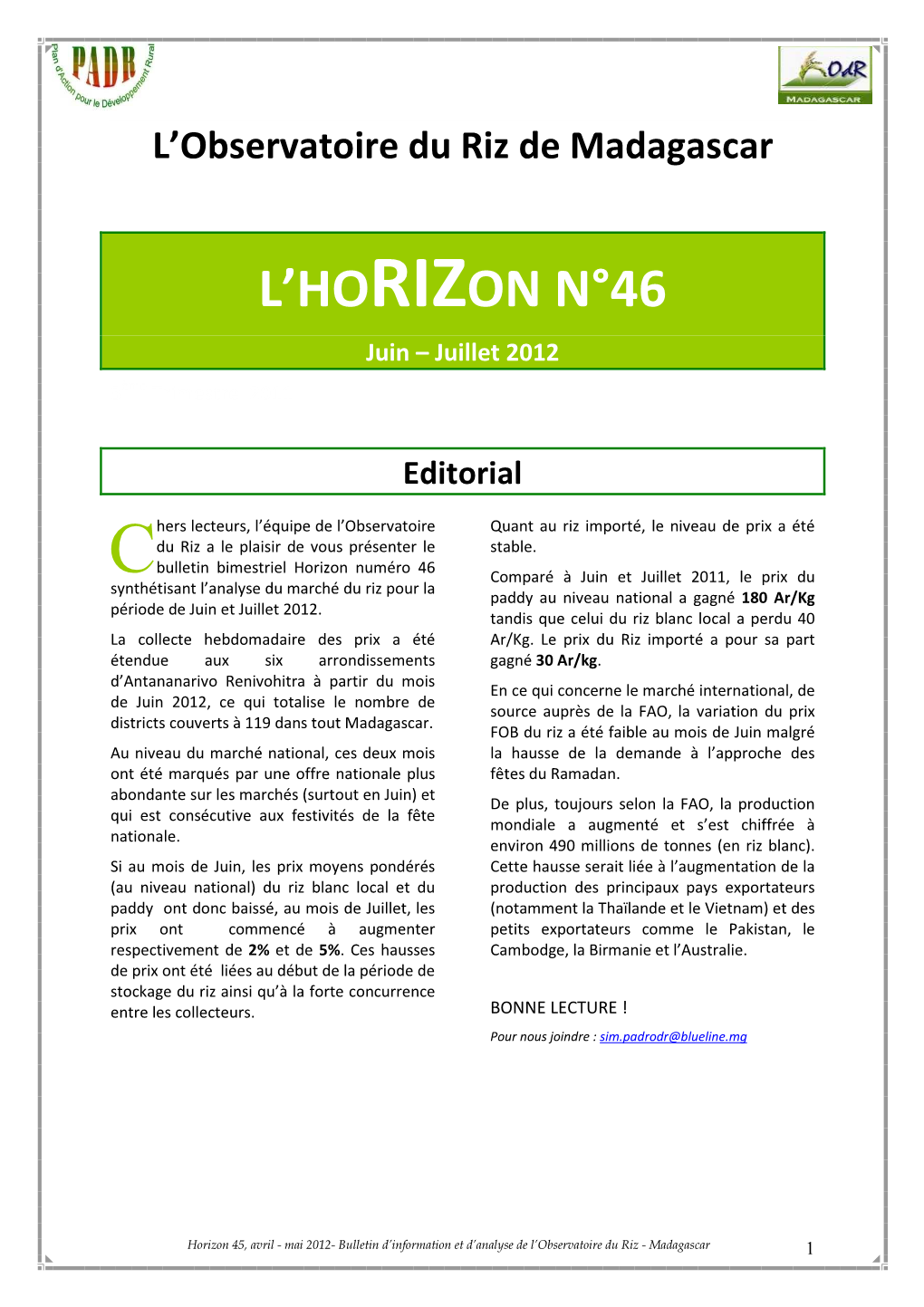 HORIZON N°46 Juin – Juillet 2012 3Ème Trimestre 2011