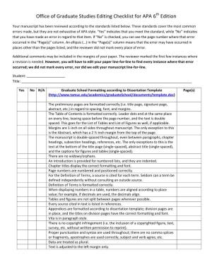 Office of Graduate Studies Editing Checklist for APA 6Th Edition