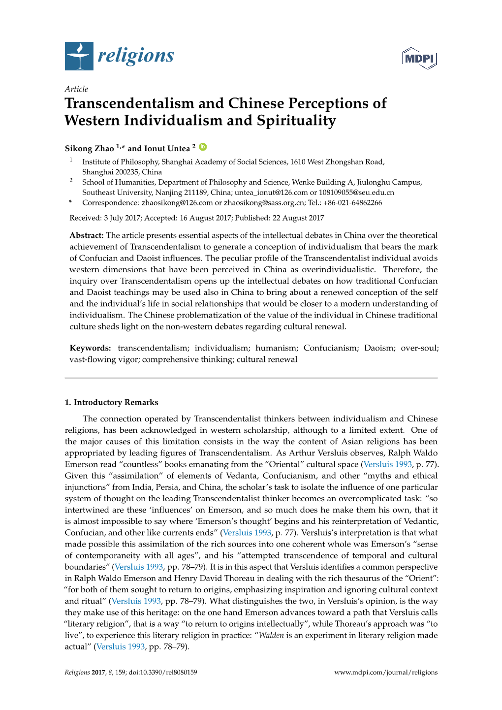 Transcendentalism and Chinese Perceptions of Western Individualism and Spirituality