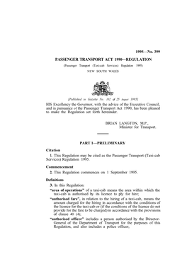 PASSENGER TRANSPORT ACT 1990—REGULATION (Passenger Transport (Taxi-Cab Services) Regulation 1995) NEW SOUTH WALES