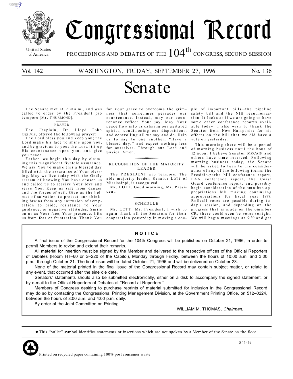 Congressional Record United States Th of America PROCEEDINGS and DEBATES of the 104 CONGRESS, SECOND SESSION