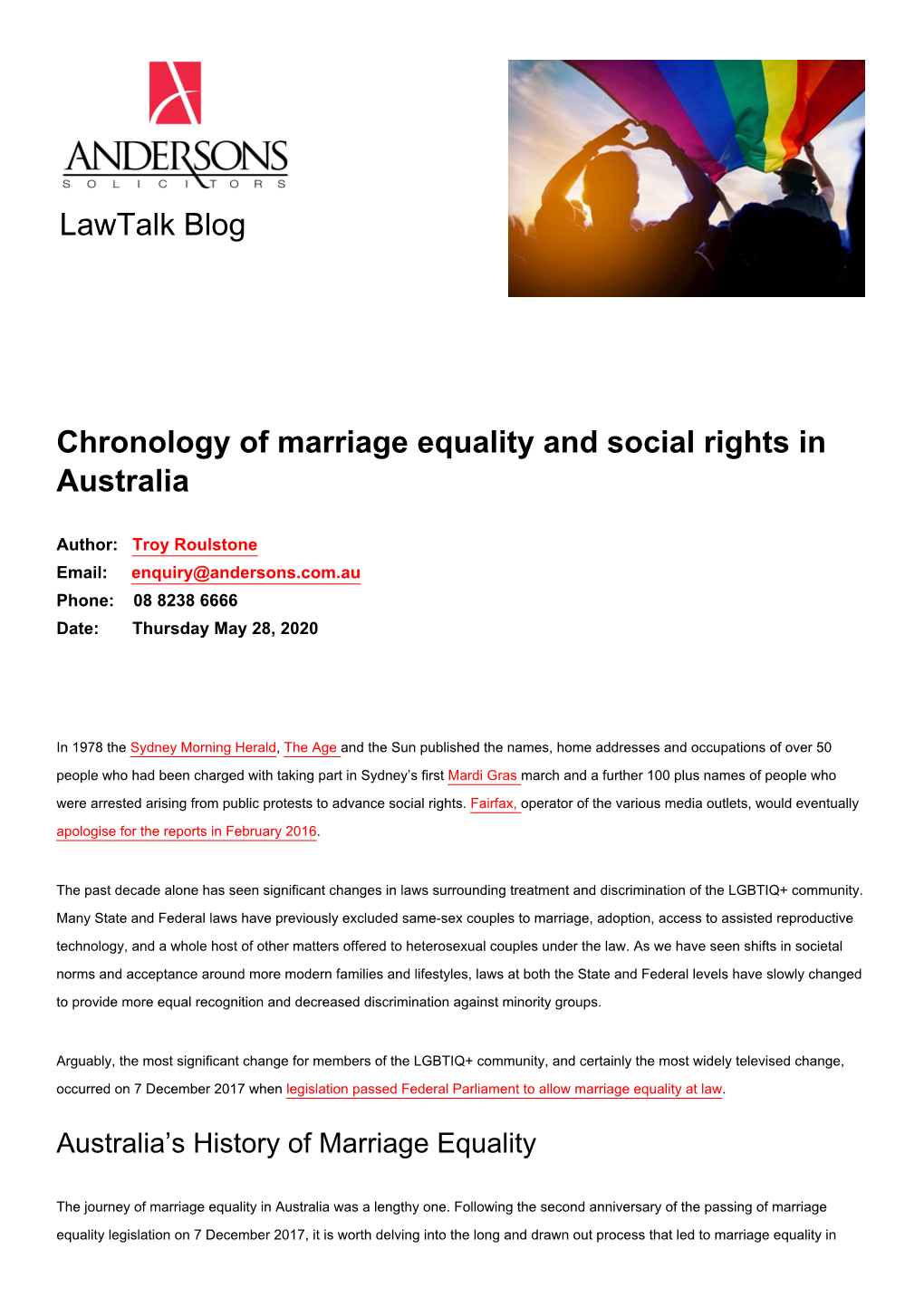 Chronology of Marriage Equality and Social Rights in Australia Lawtalk Blog