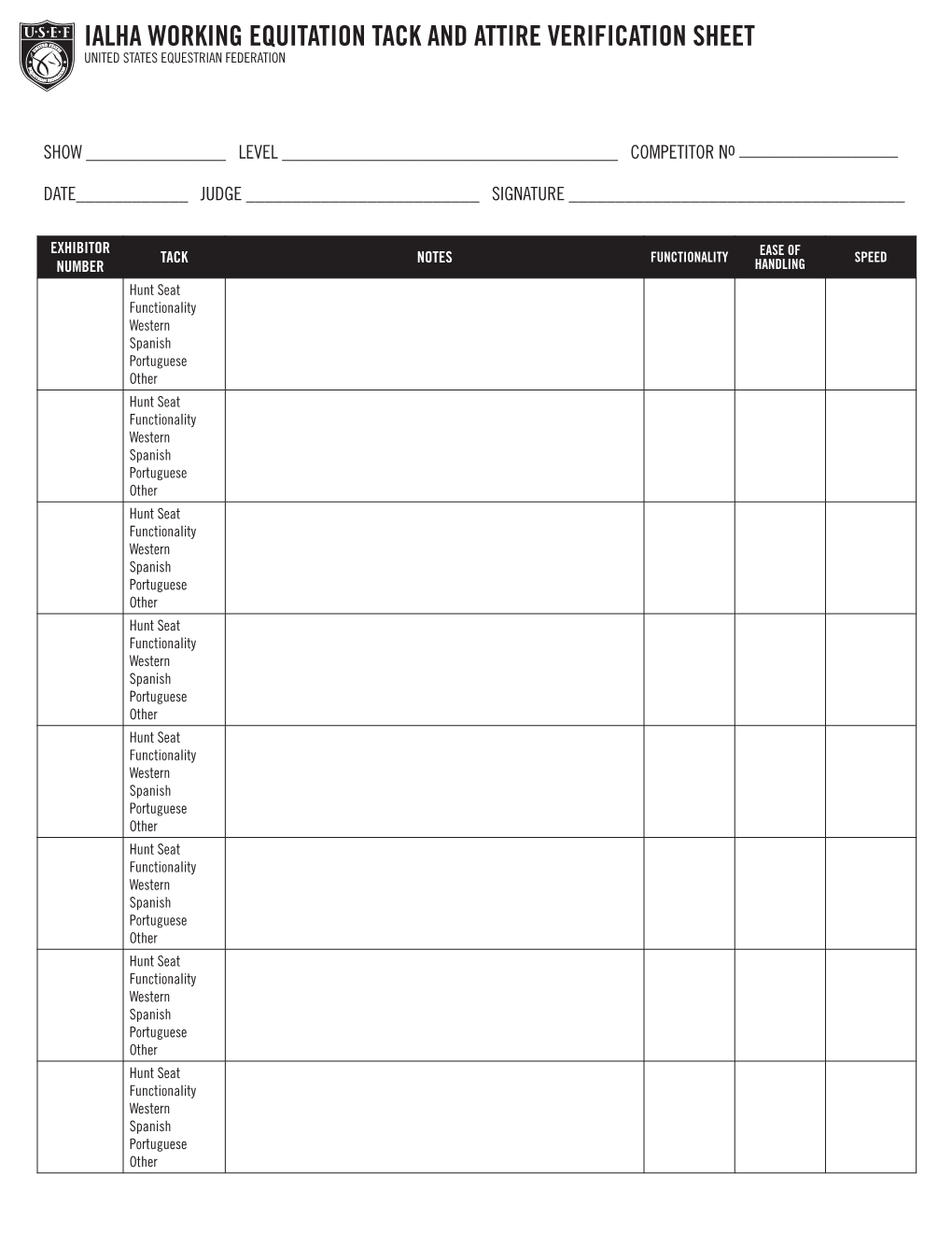 Ialha Working Equitation Tack and Attire Verification Sheet United States Equestrian Federation