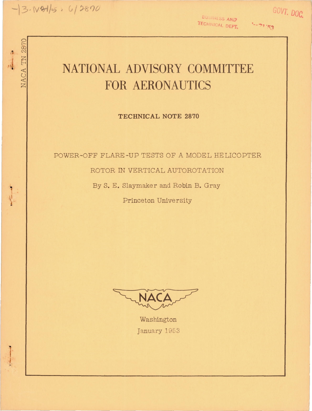 '\, ~ National Advisory Committee for Aeronautics