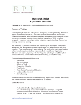 Experiential Education. Research Brief