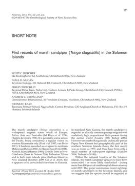 SHORT NOTE First Records of Marsh Sandpiper (Tringa Stagnatilis)