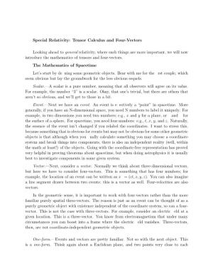 Special Relativity: Tensor Calculus and Four-Vectors