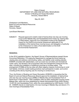 State of Hawaii DEPARTMENT of LAND and NATURAL RESOURCES Division of Boating and Ocean Recreation Honolulu, Hawaii 96819