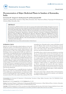 Documentation of Major Medicinal Plants in Sandure of Karnataka, India